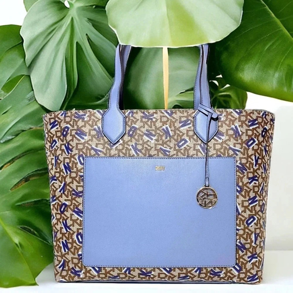 DKNY Shoulder Tote Satchel Bag Monogram Print Blue, Brown NWT - Picture 2 of 13